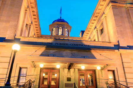 Portland, Oregon, United States - Dec 19, 2017 : Pioneer Courthouse in Pioneer Square at rainy day