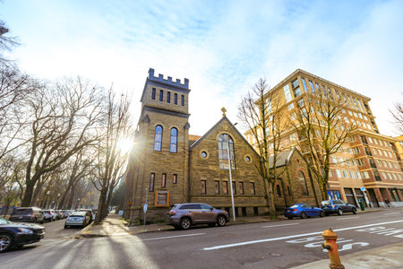 Portland, Oregon, United States - Dec 22, 2017 : Facade of St. James, Lutheran Church in Portland downtownのeditorial素材