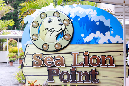 SUBIC BAY, MANILA, PHILIPPINES : JAN 28, 2018 - Signboard of Sea Lion show in Subic Ocean Adventureのeditorial素材