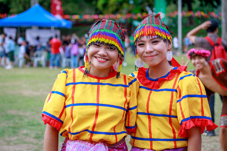 Manila, Philippines - Feb 4, 2018 : Student dancer wearing Philippines traditional costume at Rizal park in Manila city.のeditorial素材