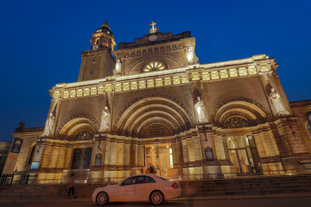 Manila, Philippines - Feb 10, 2018 : Night view of Manila Cathedral located in the Intramuros district of Manila, Philippinesのeditorial素材