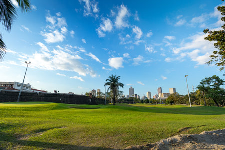 Manila, Philippines - Feb 4, 2018 : Part of the Intramuros Golf Club in Intramuros district of Manila, Philippines. The golf course surrounds Intramuros's ancient wall.のeditorial素材