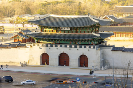 Aerial view of Gyeongbok palace and the Blue House in Seoul city, South Koreaのeditorial素材