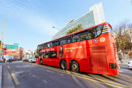 Seoul, South Korea - March 2, 2018 : Seoul City Tour Bus at Hongdae Shopping district.のeditorial素材