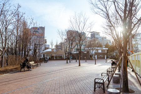 Seoul, South Korea - March 2, 2018 : Hongdae Playground, also known as Art markets, musical performances, and various events is a neighborhood landmark that is located by Hongik University.のeditorial素材