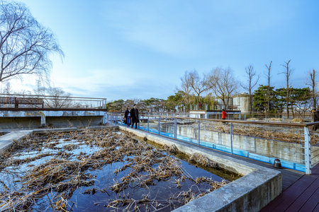 Seoul, South Korea - March 3, 2018 : View of the Seonyudo Park in Seoul, South Korea. The park used to be a filtration plant, thus the industrial look, but was converted into an ecological park.のeditorial素材
