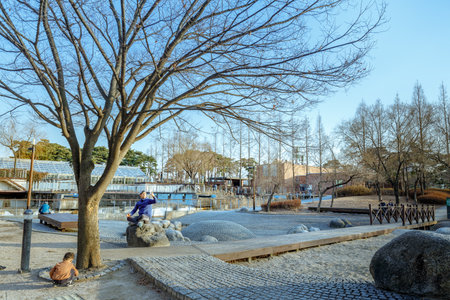 Seoul, South Korea - March 3, 2018 : View of the Seonyudo Park in Seoul, South Korea. The park used to be a filtration plant, thus the industrial look, but was converted into an ecological park.のeditorial素材