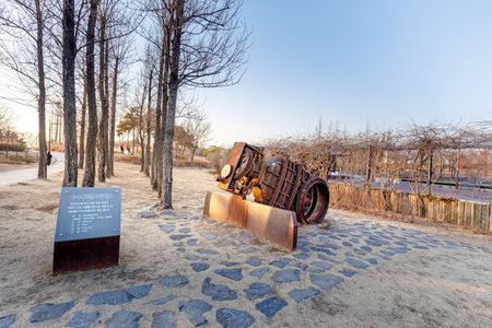 Seoul, South Korea - March 3, 2018 : Huge discharge valve at Seonyudo Park in Seoul, South Korea. The park used to be a filtration plant, thus the industrial look, but was converted into an ecological park.のeditorial素材