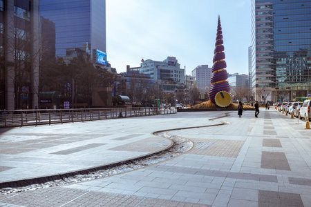 Seoul, South Korea - March 6, 2018 : Shell pagoda monument near Cheonggyecheon canal. The famous landmark of Seoul City.のeditorial素材