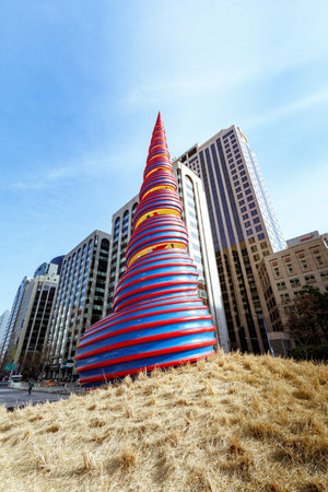 Seoul, South Korea - March 6, 2018 : Shell pagoda monument near Cheonggyecheon canal. The famous landmark of Seoul City.のeditorial素材