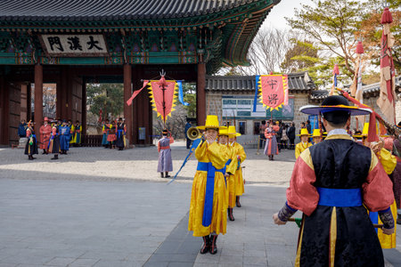 Seoul, South Korea - March 6, 2018 : Royal guard parade of ceremony in Deoksugung palaceのeditorial素材