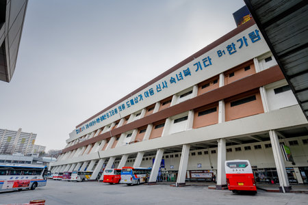 Seoul, South Korea - March 7, 2018 : Facadde of Seoul Express Bus Terminal. Seoul Express Bus Terminal is the main bus terminal located in Seocho-gu.のeditorial素材