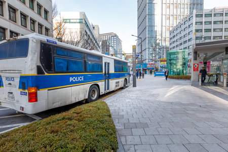 Seoul, South Korea - March 6, 2018 : Police bus in Jong-Ro district in Seoul cityのeditorial素材