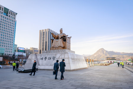 Seoul, South Korea - March 6, 2018 : Statue of the King Sejong at Gwanghwamun squareのeditorial素材