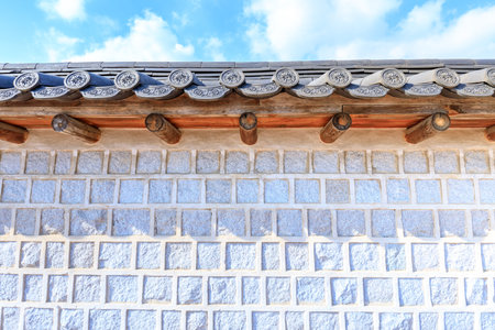 Traditional korean decor roof of village house In Palace, Seoul, South Koreaの写真素材