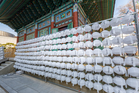 Paper lanterns hanging at Jogyesa Buddhist temple, Seoul, South Korea. Letter on lanterns means 'Buddhist heaven'のeditorial素材