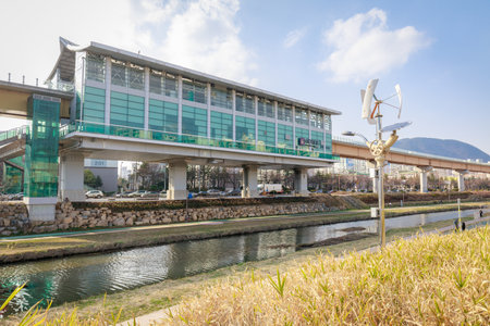 Gimhae, South Korea - March 10, 2018 : Surowangneung subway station with stream park