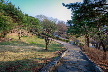 Gimhae, South Korea - March 10, 2018 : Walking mountains trail, back side of Gimhae National Museumのeditorial素材