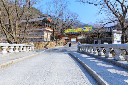 Gurye, South Korea - March 26, 2018 : Valley bridge in front of Hwaeomsa Temple, which is the ancient Korean buddhist temple in Jirisan National Parkのeditorial素材