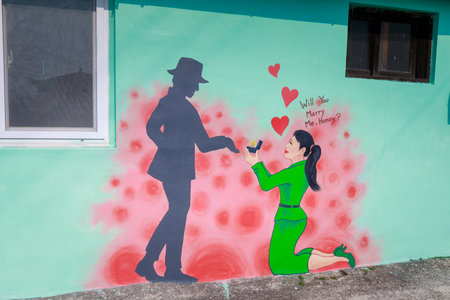 Gurye, South Korea - March 26, 2018 : Painted wall and graffiti art in the street of the Guryeのeditorial素材