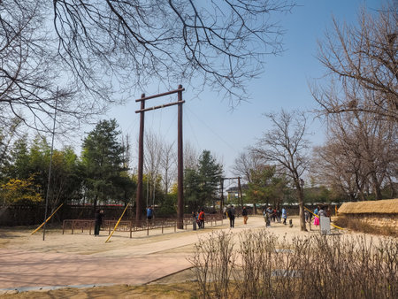 Namwon, South Korea - March 25, 2018 : Traditional korean swing at Gwanghalluwon Garden in springのeditorial素材