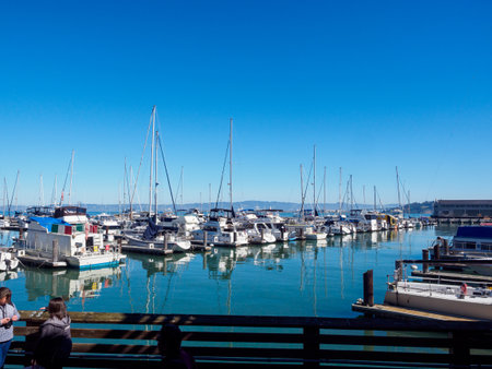 San Francisco, California - Feb 17, 2018 : Scenery of Pier 39 fisherman's wharf at San Francisco, which is a famous tourist spot.のeditorial素材