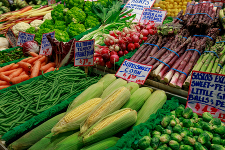 Seattle, Washington - April 9, 2018 : Fresh Fruits and Vegetables Shop on display at Public Market Center also known worldwide as Pike Place Market, Seattle landmarkのeditorial素材