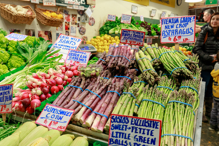 Seattle, Washington - April 9, 2018 : Fresh Fruits and Vegetables Shop on display at Public Market Center also known worldwide as Pike Place Market, Seattle landmarkのeditorial素材