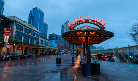 Seattle, Washington - April 9, 2018 : The Public Market Center also known worldwide as Pike Place Market, Seattle landmark