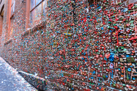 Seattle, Washington - June 30, 2018 : The Market Theater Gum Wall in downtown Seattle. It is a local landmark in downtown Seattle, in Post Alley under Pike Place Market.のeditorial素材