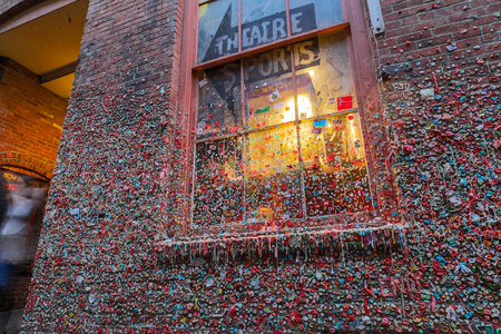 Seattle, Washington - June 30, 2018 : The Market Theater Gum Wall in downtown Seattle. It is a local landmark in downtown Seattle, in Post Alley under Pike Place Market.のeditorial素材