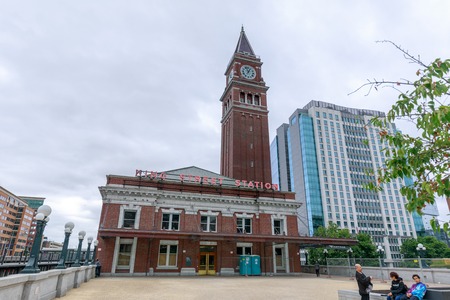 Seattle, Washington - June 30, 2018 : King Street Station is a train station built in 1906, with clock tower as the local landmark.のeditorial素材