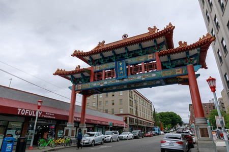 Seattle, Washington - June 30, 2018 : Seattle Chinatown Historic Landmark Gate Structureのeditorial素材