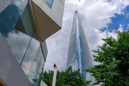 Seoul, South Korea - July 3, 2018 : Lotte World Tower and cityscape in Jamsil, Songpa-gu, Seoul city