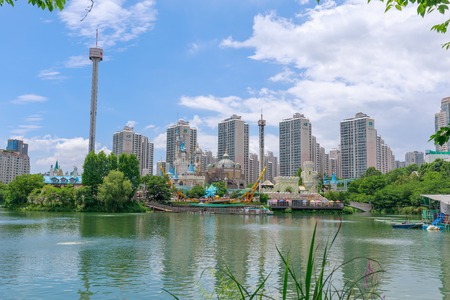 Seoul, South Korea - July 3, 2018 : Lotte World amusement theme park around Seokchon lake, a major tourist attraction in Seoul, South Korea.のeditorial素材