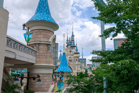 Seoul, South Korea - July 3, 2018 : Lotte World amusement theme park around Seokchon lake, a major tourist attraction in Seoul, South Korea.のeditorial素材