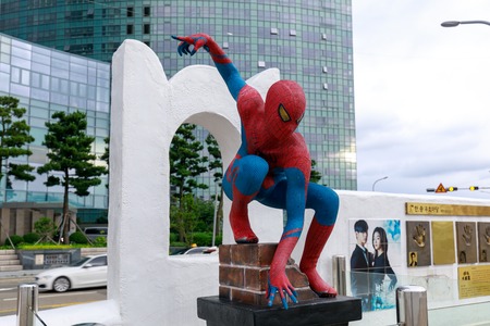 Busan, South Korea - Jul 12, 2018 : Spider-Man statue at Busan haeundae Cinema Streetのeditorial素材