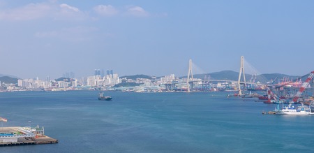 Busan Harbor Bridge and the Port of Busan in South Koreaのeditorial素材
