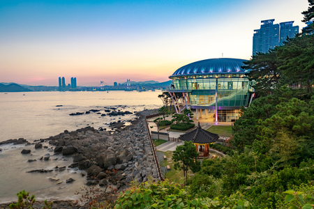 Busan, South Korea - Aug 20, 2018 : Night view at Nurimaru APEC house in Dongbaekseom Island, Haeundae district, South Korea, horizontalのeditorial素材