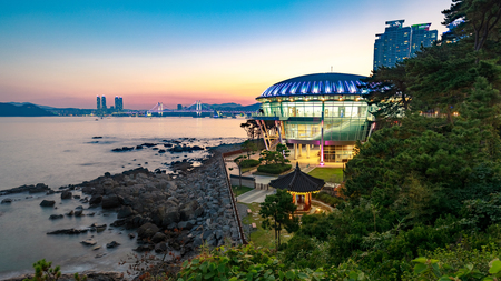 Busan, South Korea - Aug 20, 2018 : Night view at Nurimaru APEC house in Dongbaekseom Island, Haeundae district, South Korea, horizontalのeditorial素材