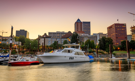 Portland, Oregon - Sep 1, 2018 : Sailboat Docked at Portland Downtown Waterfront Marina Along Willamette River Panoramaのeditorial素材