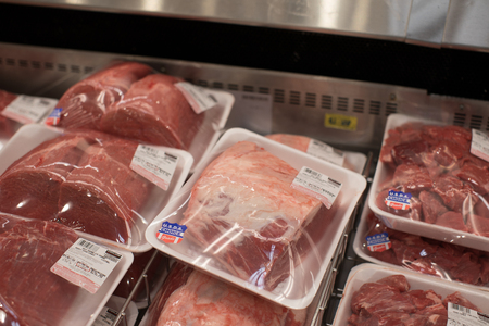 Portland, Oregon - Sep 8, 2018 : Costco wholesale warehouse shopping aisle for meats, a members only club.のeditorial素材