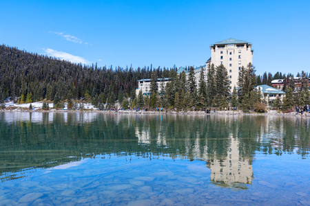 Alberta, Canada - October 7, 2018 : Reflection of Fairmont Chateau Hotel in Lake Louise, Banff National Parkのeditorial素材