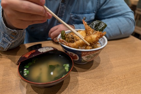 Tempura donburi Japanese rice style lunch set on wooden table - Imageの写真素材