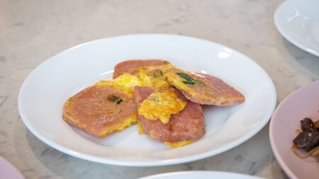 Fried ham on plate, Homemade korean foodの写真素材