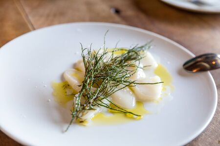 scallops with agretti on a white plateの写真素材