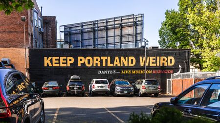 Portland, Oregon - April 26, 2018 : Keep Portland Weird writing in the old town of Portlandの写真素材