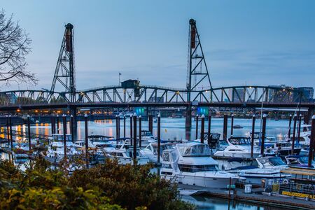 Portland, Oregon - April 26, 2018 : Hawthorne bridge over Willamette river in portland downtownの写真素材