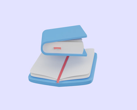 3d illustration of blue book with red bookmark isolated on blue backgroundの写真素材