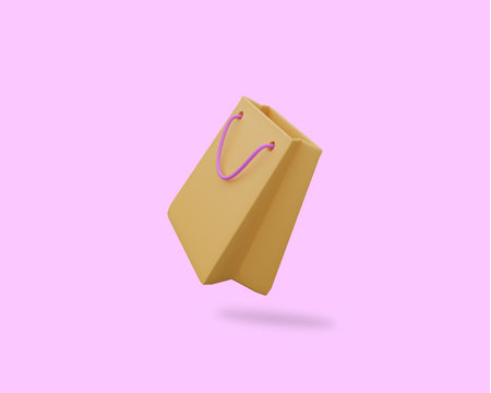 Paper shopping bag isolated on pink background. 3d illustrationの写真素材